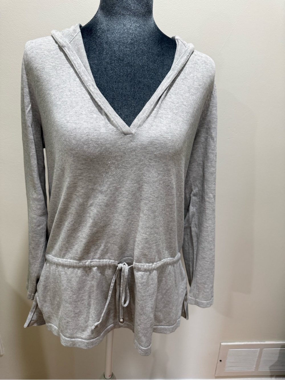 Jean Pierre Light Gray V-Neck Hooded Drawstring Top